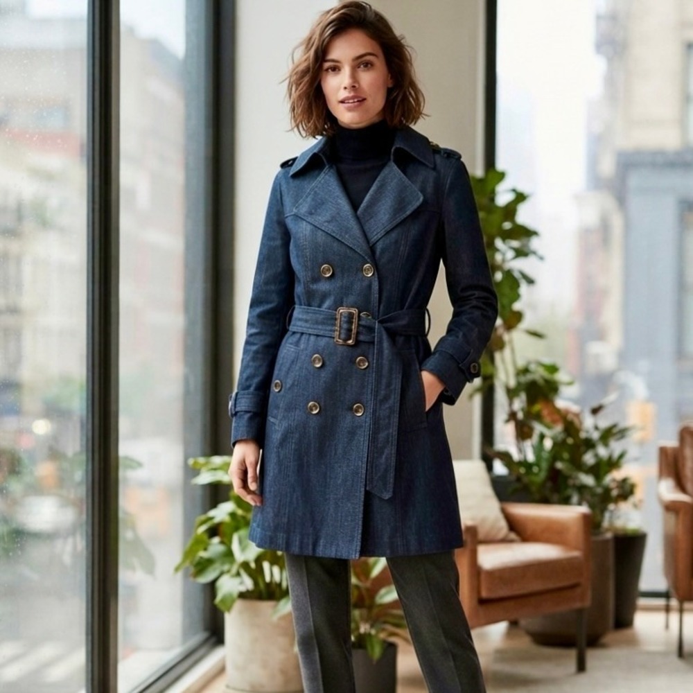 VTG Y2K Cache Denim Trench Coat Indigo Blue Double Breasted Belted Office Siren